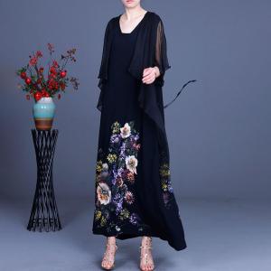 Sheer Sleeves Colorful Flowers Dress Lace Up Black Flouncing Dress