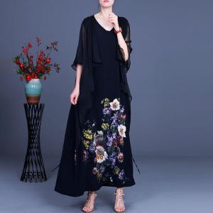 Sheer Sleeves Colorful Flowers Dress Lace Up Black Flouncing Dress