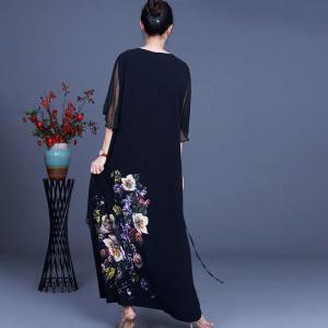 Sheer Sleeves Colorful Flowers Dress Lace Up Black Flouncing Dress