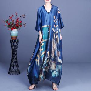 Plus Size Blue Cocoon Dress Printed Silk Abaya Dress