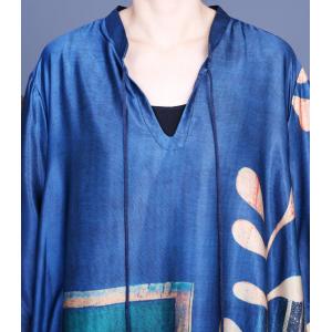 Plus Size Blue Cocoon Dress Printed Silk Abaya Dress