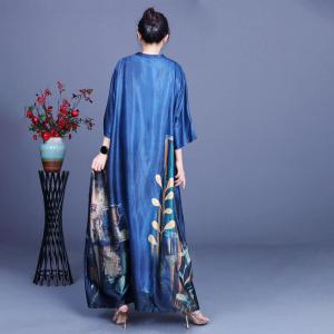 Plus Size Blue Cocoon Dress Printed Silk Abaya Dress