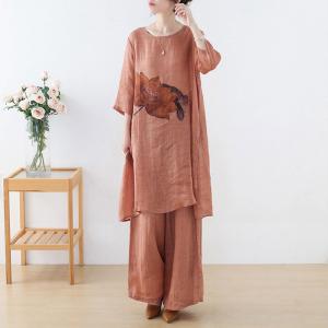 Lotus Prints Long Flax Clothing with Wide Leg Pants Sets