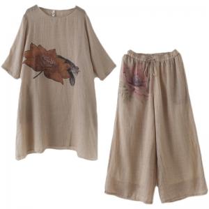 Lotus Prints Long Flax Clothing with Wide Leg Pants Sets
