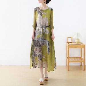 Chinese Painted Loose Shift Dress Lace Up Ramie Chinese Dress