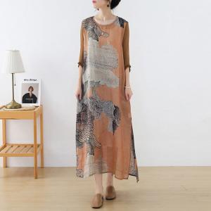 Chinese Painted Loose Shift Dress Lace Up Ramie Chinese Dress