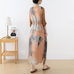 Chinese Painted Loose Shift Dress Lace Up Ramie Chinese Dress