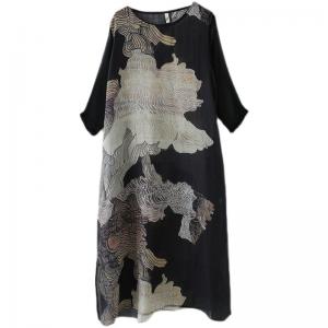 Chinese Painted Loose Shift Dress Lace Up Ramie Chinese Dress