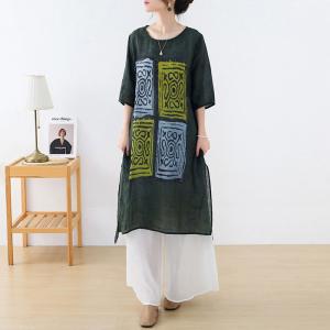 Square Totem Prints Loose Tunic Side Slits Ramie Short Dress