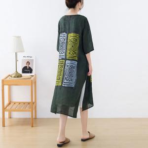 Square Totem Prints Loose Tunic Side Slits Ramie Short Dress