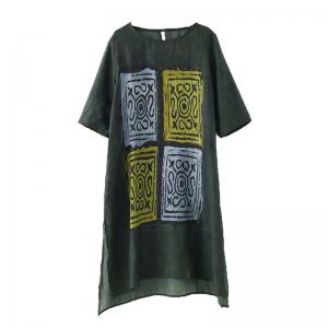 Square Totem Prints Loose Tunic Side Slits Ramie Short Dress