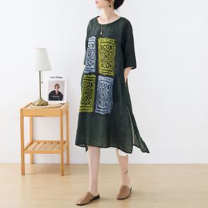 Square Totem Prints Loose Tunic Side Slits Ramie Short Dress