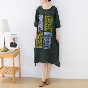Square Totem Prints Loose Tunic Side Slits Ramie Short Dress