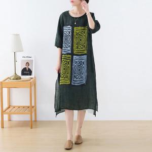 Square Totem Prints Loose Tunic Side Slits Ramie Short Dress