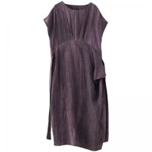 High-Waist Dark Purple Dress Loose Linen Maxi Tie Waist Dress