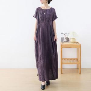 High-Waist Dark Purple Dress Loose Linen Maxi Tie Waist Dress