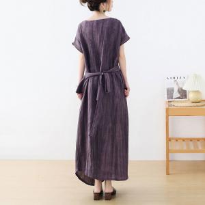 High-Waist Dark Purple Dress Loose Linen Maxi Tie Waist Dress