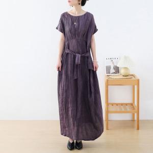 High-Waist Dark Purple Dress Loose Linen Maxi Tie Waist Dress