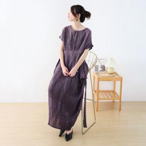 High-Waist Dark Purple Dress Loose Linen Maxi Tie Waist Dress