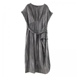 Short Sleeve Gray Tie Front Dress Loose Linen Maxi Dress