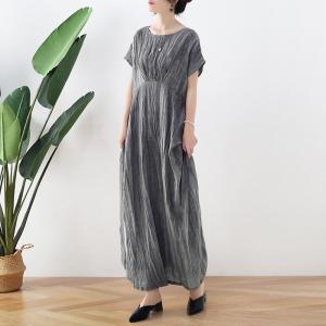 Short Sleeve Gray Tie Front Dress Loose Linen Maxi Dress