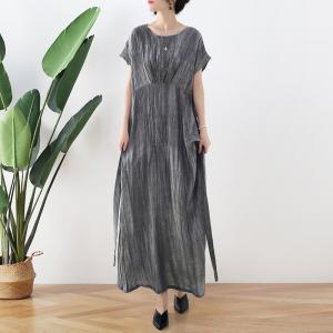 Short Sleeve Gray Tie Front Dress Loose Linen Maxi Dress