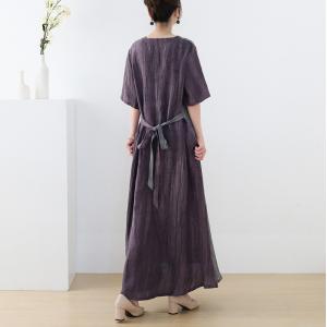 Purple and Gray Loose Linen Dress V-Neck Summer Tie Back Dress