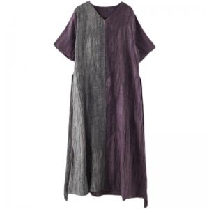 Purple and Gray Loose Linen Dress V-Neck Summer Tie Back Dress