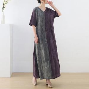 Purple and Gray Loose Linen Dress V-Neck Summer Tie Back Dress