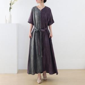 Purple and Gray Loose Linen Dress V-Neck Summer Tie Back Dress