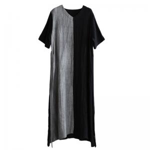 Black and Gray Belted Maxi Dress Simple Loose Flax Frock