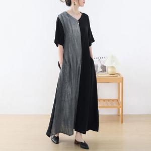 Black and Gray Belted Maxi Dress Simple Loose Flax Frock