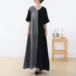 Black and Gray Belted Maxi Dress Simple Loose Flax Frock