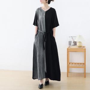 Black and Gray Belted Maxi Dress Simple Loose Flax Frock