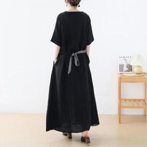 Black and Gray Belted Maxi Dress Simple Loose Flax Frock