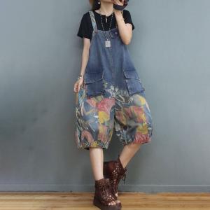 Flap Pockets Painted  Overall Shorts Fluffy Denim Rompers