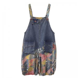 Flap Pockets Painted  Overall Shorts Fluffy Denim Rompers