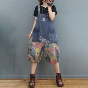 Flap Pockets Painted  Overall Shorts Fluffy Denim Rompers
