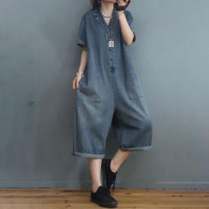Polo Neck Denim Casual Jumpsuits  Loose Wide Leg Gardening Clothes
