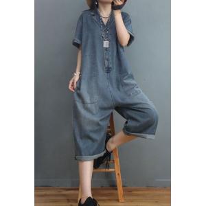 Polo Neck Denim Casual Jumpsuits  Loose Wide Leg Gardening Clothes