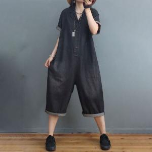 Polo Neck Denim Casual Jumpsuits  Loose Wide Leg Gardening Clothes