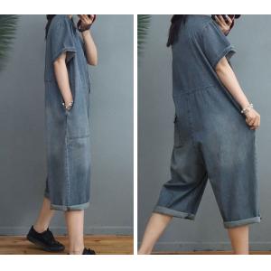 Polo Neck Denim Casual Jumpsuits  Loose Wide Leg Gardening Clothes