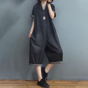 Polo Neck Denim Casual Jumpsuits  Loose Wide Leg Gardening Clothes