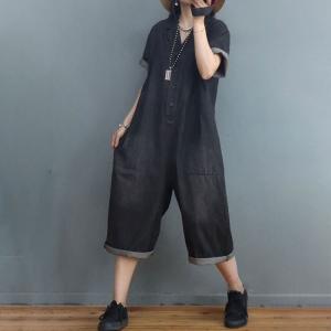 Polo Neck Denim Casual Jumpsuits  Loose Wide Leg Gardening Clothes