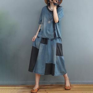 Chinese Buttons Denim Top with Color Blocks A-Line Skirt