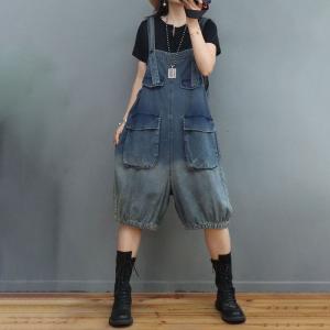 Front Flap Pockets Stone Wash Rompers Fluffy Summer Shorts