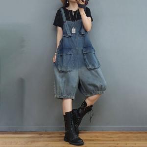 Front Flap Pockets Stone Wash Rompers Fluffy Summer Shorts