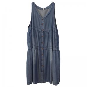 Button Down Loose Denim Dress Tencel Denim Sleeveless Dress