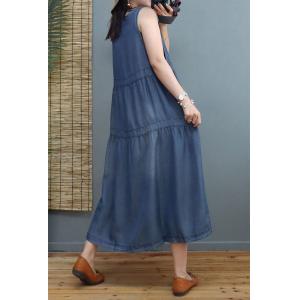 Button Down Loose Denim Dress Tencel Denim Sleeveless Dress