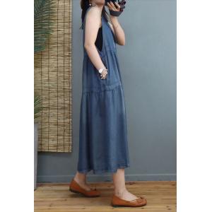 Button Down Loose Denim Dress Tencel Denim Sleeveless Dress